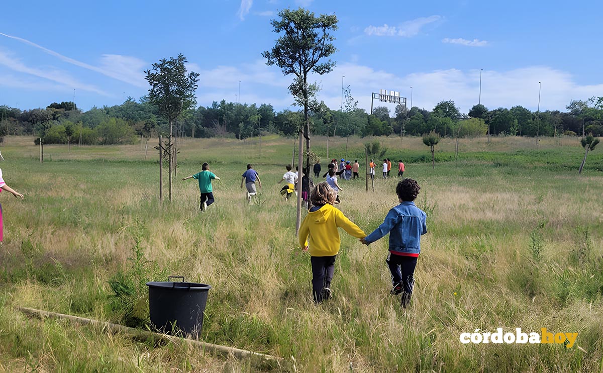 Unos 60 niños y niñas de cuatro colegios participan en la plantación de árboles en el Parque de Levante